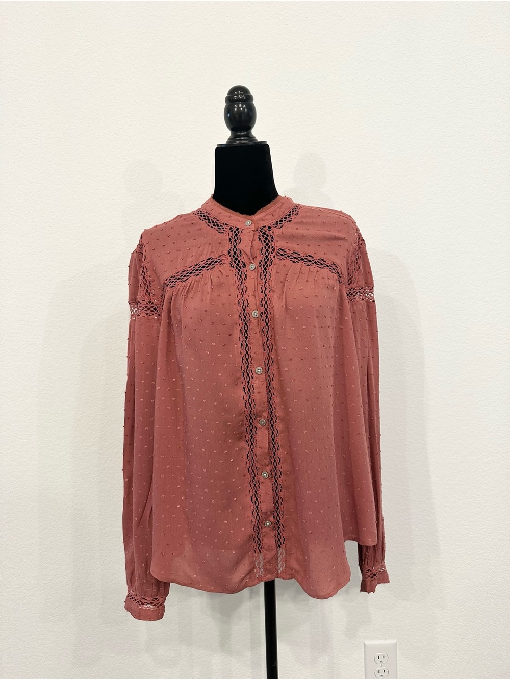 Free People Woven Swiss Dot Lace-Trim Blouse - Dusty Rose